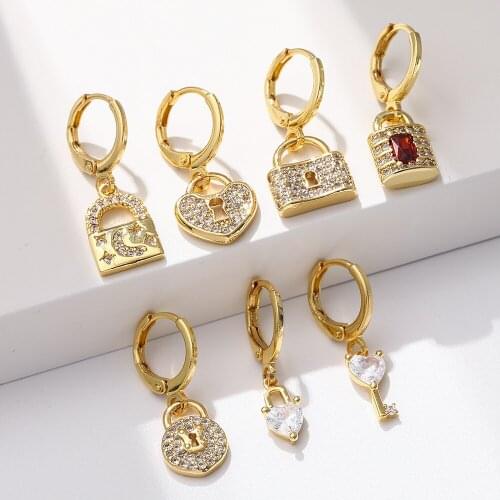 Lock Earrings for Women Gold Key Dangle Earrins Bling Micro Pave Zircon CZ Cute Earring Trendy Punk Party New Fashion 2021