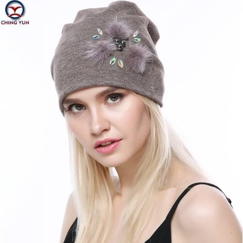 CHINGYUN 2019new Cashmere knit hat soft Winter Warm High Quality Female Solid Color Knitted Hat exquisite real plush decoration