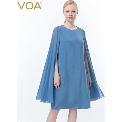 VOA 30m/m Silk Party Dresses Bamboo Moon Blue One Button Round Neck Sleeveless Bump Splicing Loose Refreshing Summer Dress AE958