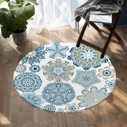Blue Flower Pattern Round Area Rug Kids Play Mat Circle Carpet Various Shapes Patterns Room Entryway Mat for Living Room Balcony