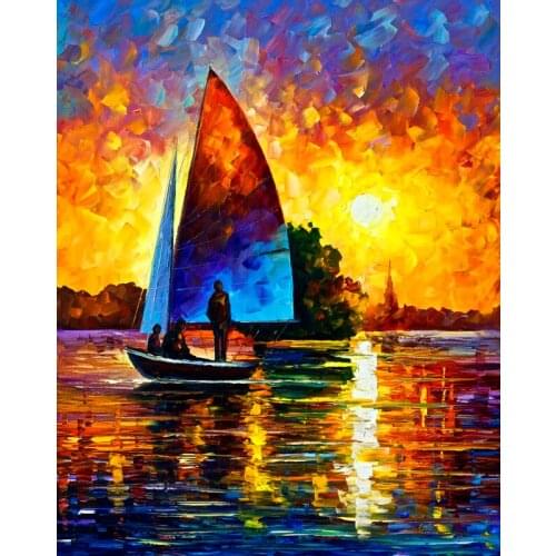 Modern handmade painting by knife twilight sailing on cave for home wall decoration, wallpaper
