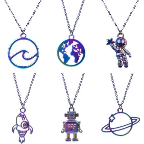 Vintage Round World Map Earth Charms Necklaces Surfer Beach Sea Wave Spaceship Astronaut Women Choker Travel Gift Jewelry Making
