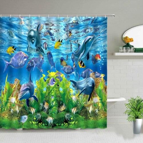 Marine Animal Dolphin Shower Curtain Beach Pattern Printing Bathroom Waterproof Fabric Shower Curtain with Hook