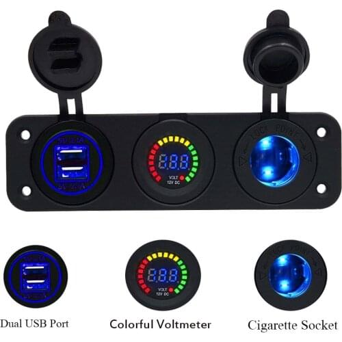 Dual USB Socket Charger 4.2A LED Voltmeter 12V Power Outlet Switch Panel with Cigarette Lighter Socket Fit For Car Boat Marine