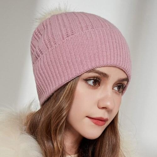 Pompom Hat Women Winter Warm Autumn Beanie Wool Knit Fox Fur Skiing Accessory For Teenagers Girl Luxury