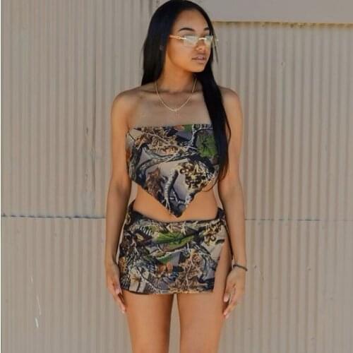 Women Two-piece Clothes Set, Grey Leaves Printed Pattern Boat Neck Sleeveless Crop Tops and Skirt