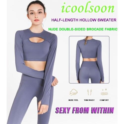ICOOLSOON Cross-border sexy hollowed-out fitness suit women long sleeve tight elastic yoga fast dry sports crop top shirt gym