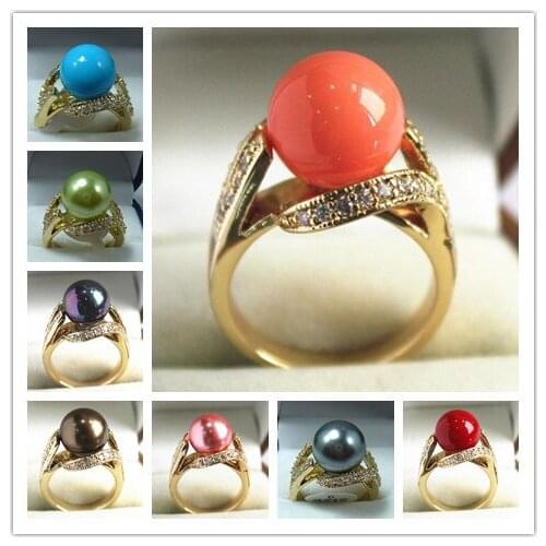 8 colors ladys elegant new jewelry 18kgp with crystal decorated &12mm shell pearl ring(#7.8.9)