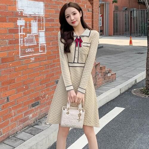 2021 New Autumn Winter Peter Pan Collar Bow Knitted Dress Female Celebrity Style Slim Long Sleeve Fashion A Line sweater Dresses