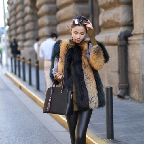 Genuine fox fur vest winter womens outwear long multi-color stitching fur vest warm collar coats