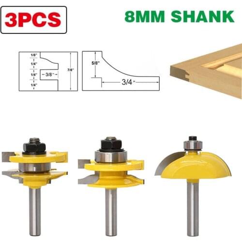 3pcs/set 8mm Shank T Slot Wood Milling Cutter Raised Panel Cabinet Door Knife Router Bit Set Woodworking Cutter Carbide Bit