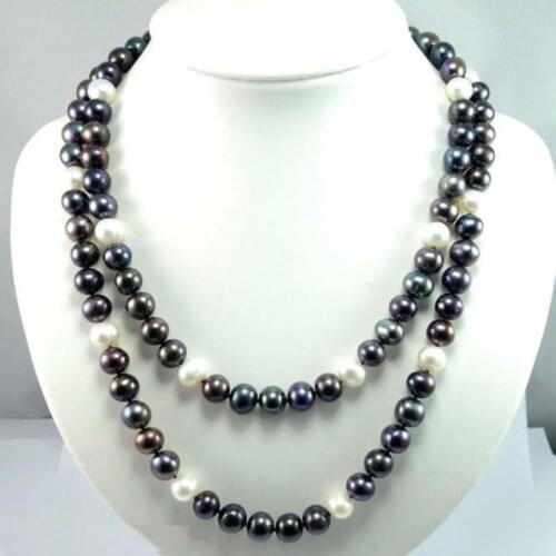 36" 9-10mm Genuine tahaitian black white pearl necklace 925silver Gold