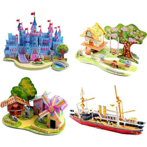 3D DIY Puzzle Jigsaw Model Castle Aircraft Carrier Tank Cartoon House Assembly Paper Froth Environment Safety Toys for Kids Gift