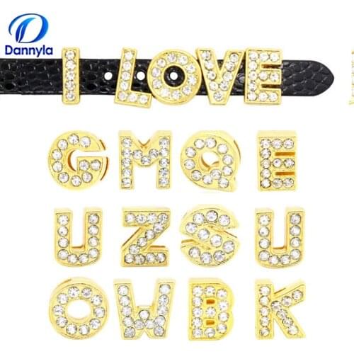 10pcs/lot 8mm Gold Full Rhinestones Slide Letters Fit 8mm Diy Wristband Bracelet Jewelry LSSL07