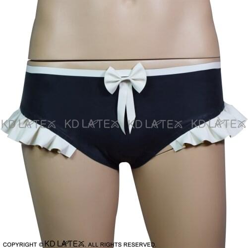 Black And White Sexy Latex Panties With Bows Ruffles Rubber Shorts Underpants Underwear Briefs Plus Size DK-0161