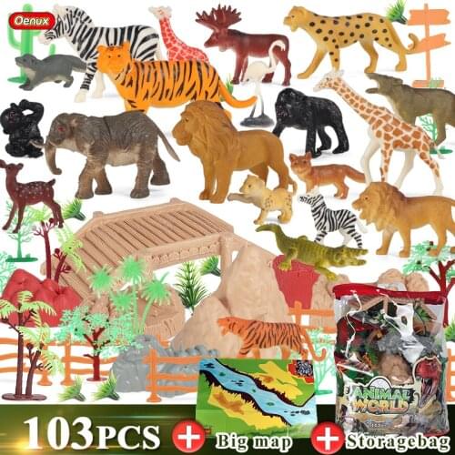 Oenux Zoo Wild Animal Lion Tiger Model Action Figures Farm Goat Horse Cow Educational Cute Playset Kid Toy Gift Storage Bag