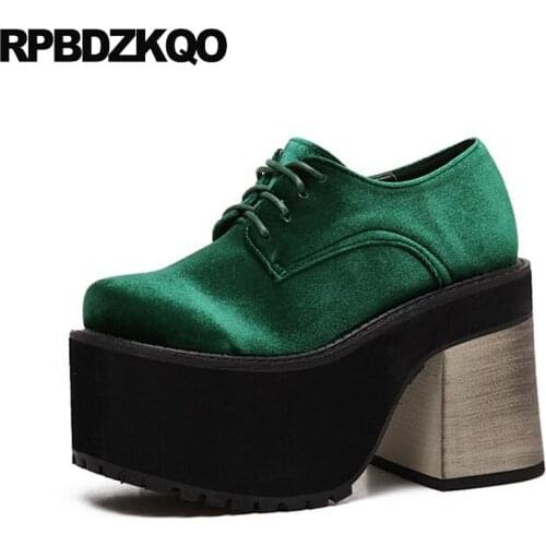Extreme Velvet High Heels Green Platform Shoes Fashion Harajuku Gothic Lace Up Women Punk Black Round Toe Creepers Chunky Spring