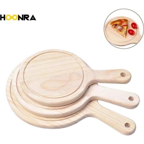 HOONRA 1Pcs Wooden Pizza Board Round With Hand Pizza Baking Tray Pizza Stone Cutting Board Platter Pizza Cake Bakeware Tools