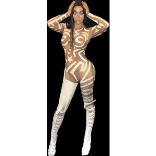 Nightclub Singer Costume Women Sexy Jumpsuit White Sparkling Rhinestones Bodysuit Party Stage Wear Costume Dance Singer Wear