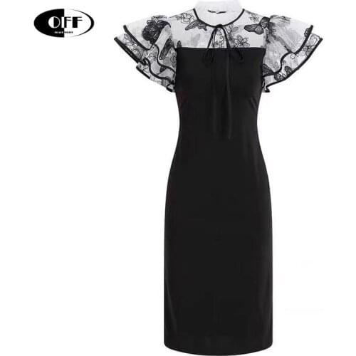 Summer Plus size 2XL elegant black ruffles short sleeve vintage butterfly bodycon bow Slinky dress midi party night dresses robe
