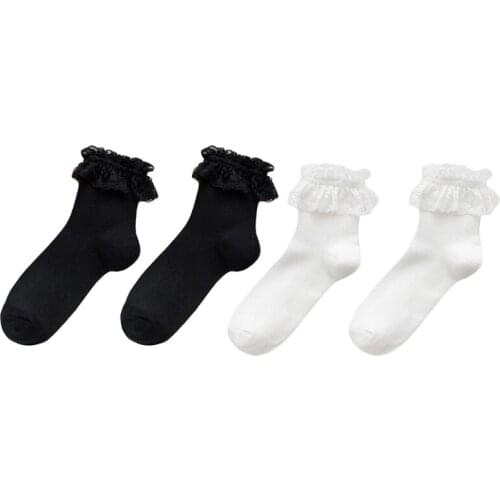 Women Girls Sweet Ruffle Frilly Lace Short Crew Socks Japanese Lolita Kawaii School Solid Color Breathable Mesh Hosiery