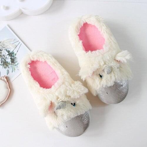 Fashionable and sweet Beige Shining Unicorn Plush Lovely Winter Warm Non Slip Soft Women Cartoon Animal Flat Slippers