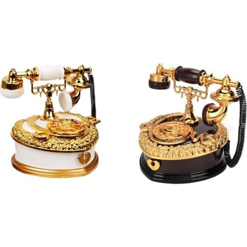 Retro Heart Shaped Telephone Model Music Box Birthday Gift Home Ornament Decoration Antique Carved Wooden Hand Crank Music Box