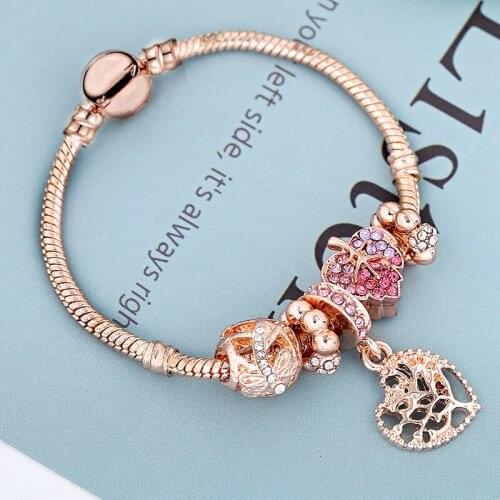 Charm Series Bracelet Female Snake Chain Fine Bracelet Gift Rose Gold New Leaf Love Tree Pendant 2020 Women Heart Crystal