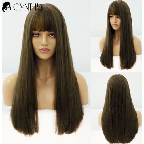Ombre Stright Brown Color Long Synthetic Wigs With Bangs For Black White Women Daily Heat Resistant Fiber Hair Cosplay Wig