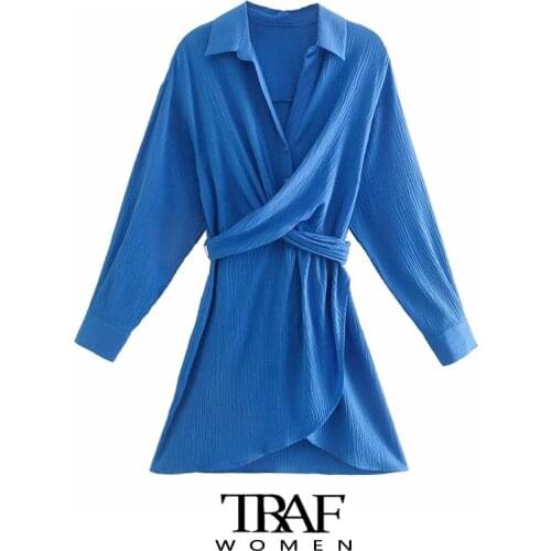 TRAF Za Women Fashion Bow Tie Sashes Slit Hem Mini Dress Vintage Long Sleeve Side Zipper Female Dresses Vestidos Mujer