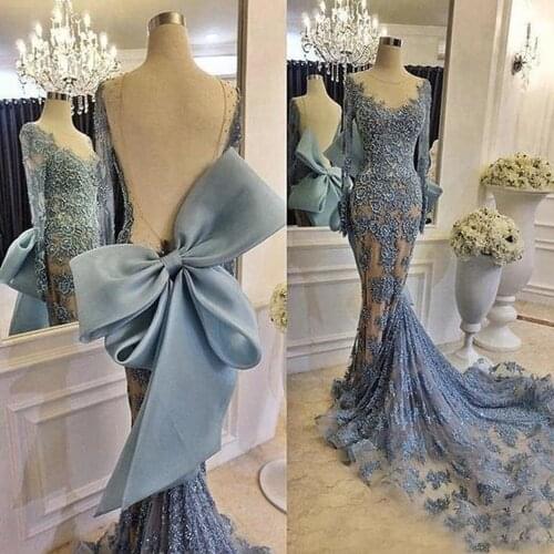 Blue prom dresses 2021 lace crew neckline mermaid long sleeve sparkly shinning court train evening dresses gowns