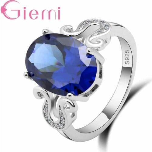 Luxury Oval Blue Cubic Zirconia Ring with Hollow Flower Band Shiny Female Bague for Wedding 925 Sterling Silver Jewelry
