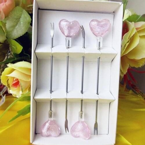 Bar restaurant tableware lovely stainless steel fruit fork handmade pink glass heart shape figurine decorative dessert fork gift