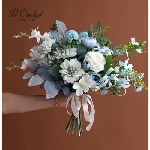 PEORCHID Blue And white Bridal Bouquets Beach Style Brides Fake Bouquet Ramo Novia Azul 2021 Artificial Wedding flowers Decor