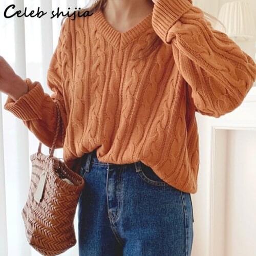 Orange V Neck Sweater Woman Twist Autumn Winter New Loose Korean Knitted Jumper Female Warm Long Sleeve Street Pullover Fall