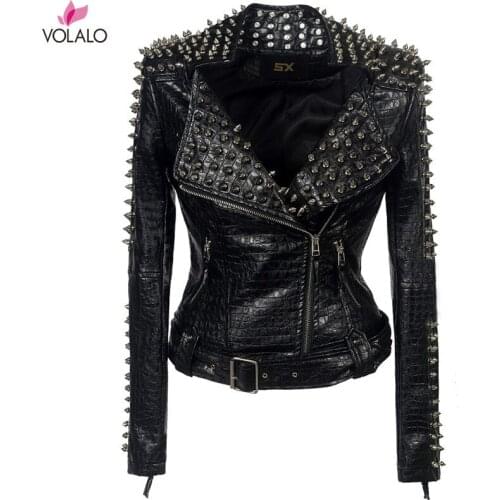SX Occident Fashion Women Club Hot Style Stud Slim Fit Jacket Shoulder Rivets Zip Stitching Short PU Leather Rock Coat