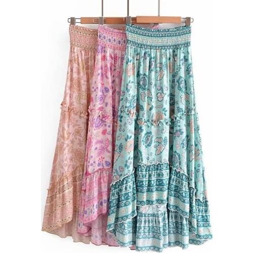 Boho Falda Vintage Printed Rayon Holiday Skirt Summer Womens Elastic High Waist Floral Print Long Skirt