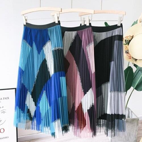 Wasteheart Spring New Blue Black Pink Women Skirts High Waist Pleated Feather Ankle Length Skirt Mesh Clothing Plus Size