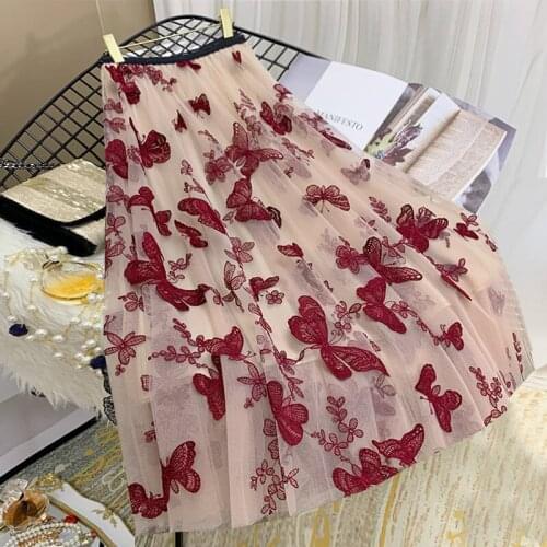 High Quality Embroidery Butterfly Two Layer Mesh Pleated Skirt Women 2021 Summer High Waist Long Skirts Womens Elegant Skirts