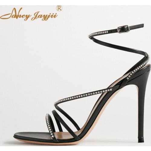 Crystal Ankle Strap Sandals Black Stiletto Heels Sexy Shoes For Women Party Dress Famous Shoe Pumps Size 14 15 16 NANCYJAYJII