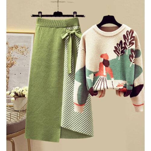 Large size womens 200 kg fat sister autumn sweater set womens fashion Joker slim skirt two-piece set