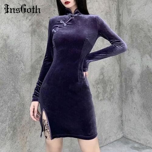 InsGoth Vintage Goth Velvet Purple Dress Gothic Bodycon High Waist Cheongsam Dress Women Elegant Long Sleeve Party Night Dress