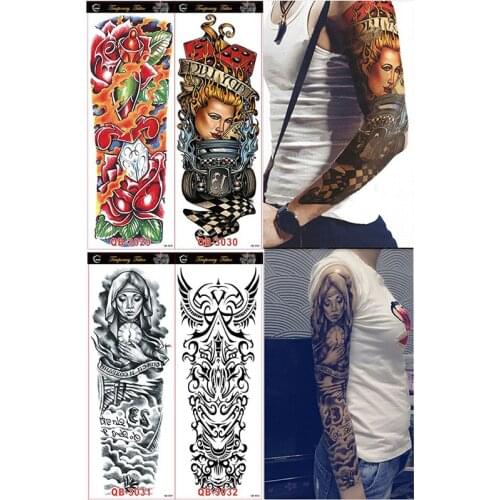 4 Piece Temporary Tattoo Sticker Pray Mechanical Design Full Flower Tattoo with Arm Body Art Big Large Fake Tattoo Stick