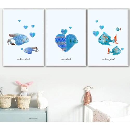 Watercolor Blue fish Heart Letters Canvas Painting Cartoon Animal Poster Kids Bedroom Decor Wall Art Pictures Home Decor