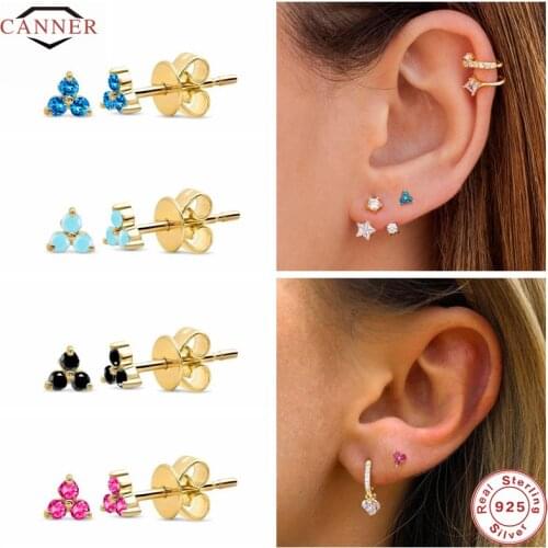 CANNER 925 Sterling Silver Geometric Colorful CZ Zircon Luxury Stud Earrings For Women Piercing Earring Jewelry Gift pendientes
