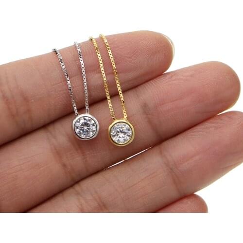 Single round stone solitaire cz cubic zirconia delicate dainty box chain fine 925 sterling silver bezel 5mm cz women necklace