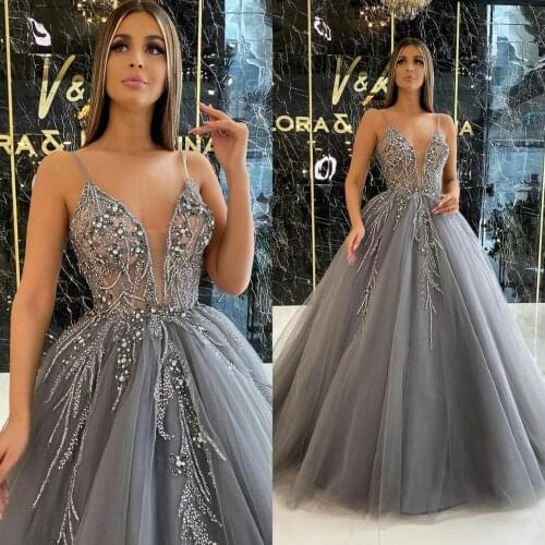 Long Grey Evening Gowns A Line V Neck Crystal Beaded Sexy Prom Dress Party Wear Custom Made Robe De Soirée