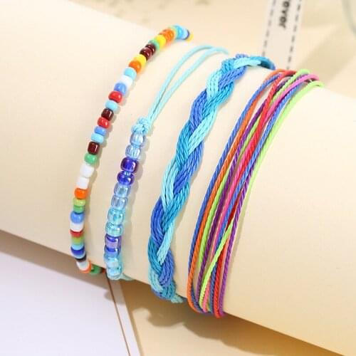 Hot sale Design Handmade Woven Wax Rope Bracelet Set Mutilayered 4pc/Set Seed Beads colorful Bracelet For Women Jewelry Gifts
