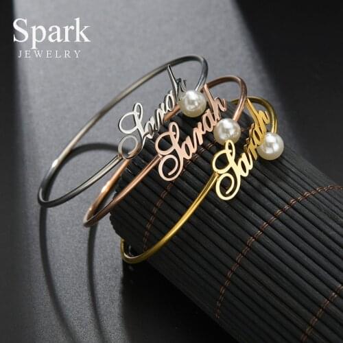 Spark Personalized Stainless Steel Name Bracelet With Pearl Custom Name Charm Adjustable Cuff Bangles For Women Anniversary Gift