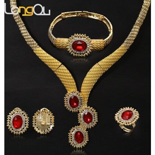 African Nigerian Wedding Bridal Big red stone pendant Jewelry Sets Dubai Gold Color Beads Necklace Bracelet Earrings Ring Set